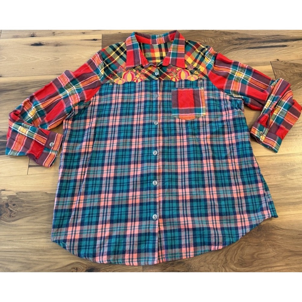 Blair Plaid Patchwork Flannel Shirt Pumpkin Embroidered Fall Cottagecore XL